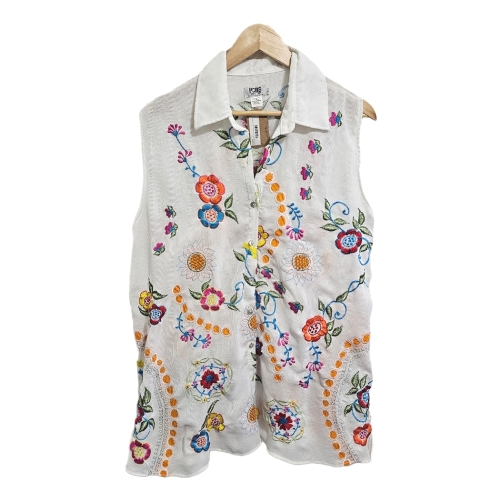 Boho White Cottagecore Embroidered Floral button tank top Large - Picture 1 of 14